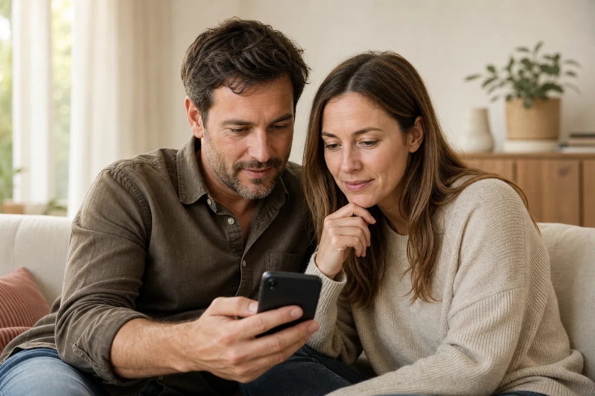 Pareja mirando conjuntamente un teléfono móvil